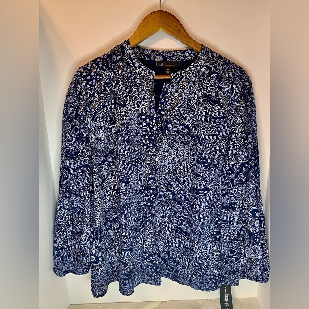 NWT INC International Concepts Collard Mid Sleeve Indigo Blouse - Size XL